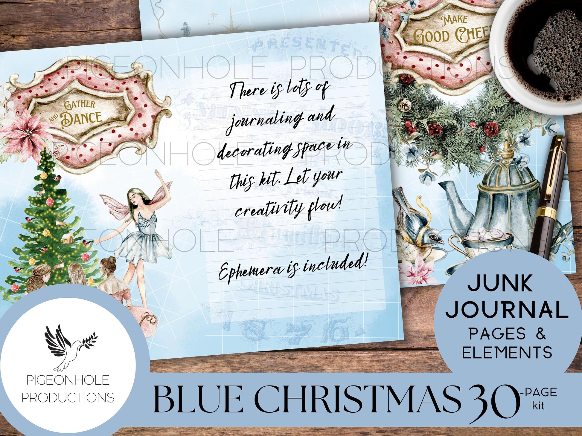 Blue Christmas Junk Journal Kit—PRINTABLE—30 journal pages, backgrounds and elements—70+ tags, tucks, pockets, envelopes, fussy cuts, more!