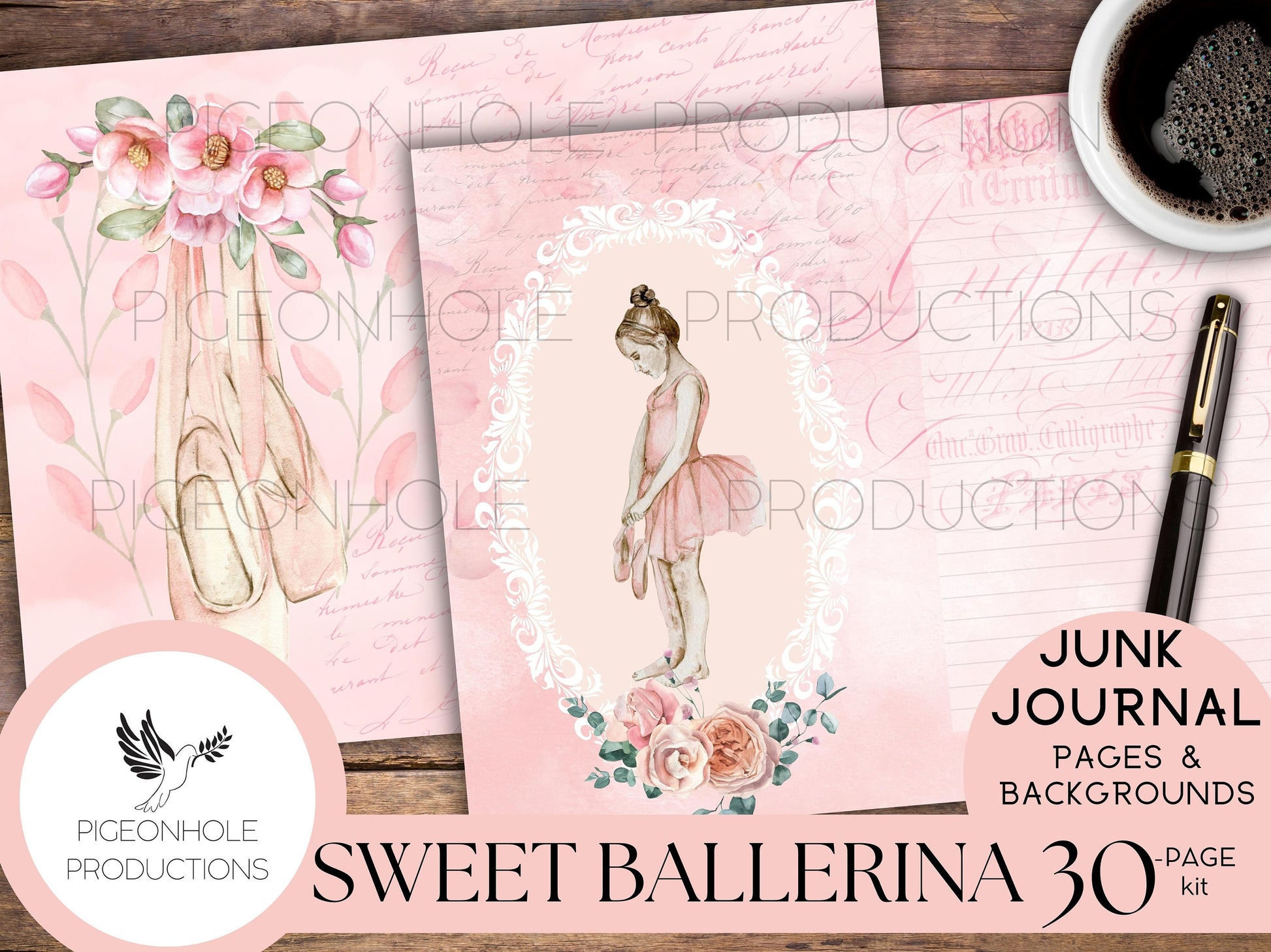 Sweet Ballerina Junk Journal Kit—PRINTABLE—30 journal pages, backgrounds—ephemera sold separately—sweet pink little ballerina journal pages