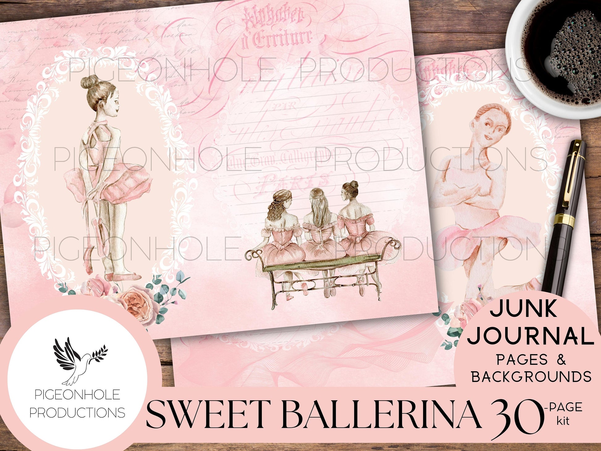 Sweet Ballerina Junk Journal Kit—PRINTABLE—30 journal pages, backgrounds—ephemera sold separately—sweet pink little ballerina journal pages