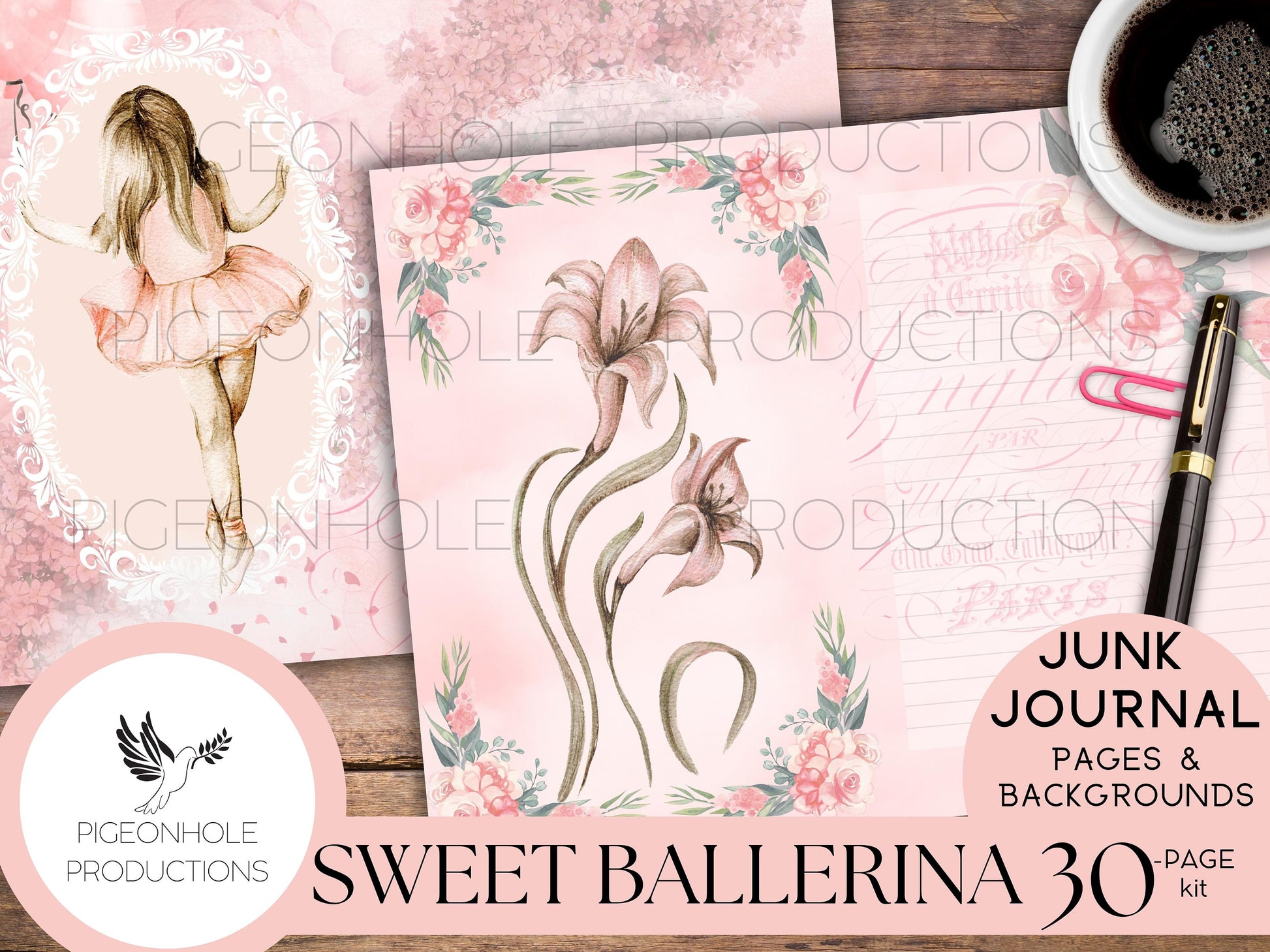 Sweet Ballerina Junk Journal Kit—PRINTABLE—30 journal pages, backgrounds—ephemera sold separately—sweet pink little ballerina journal pages