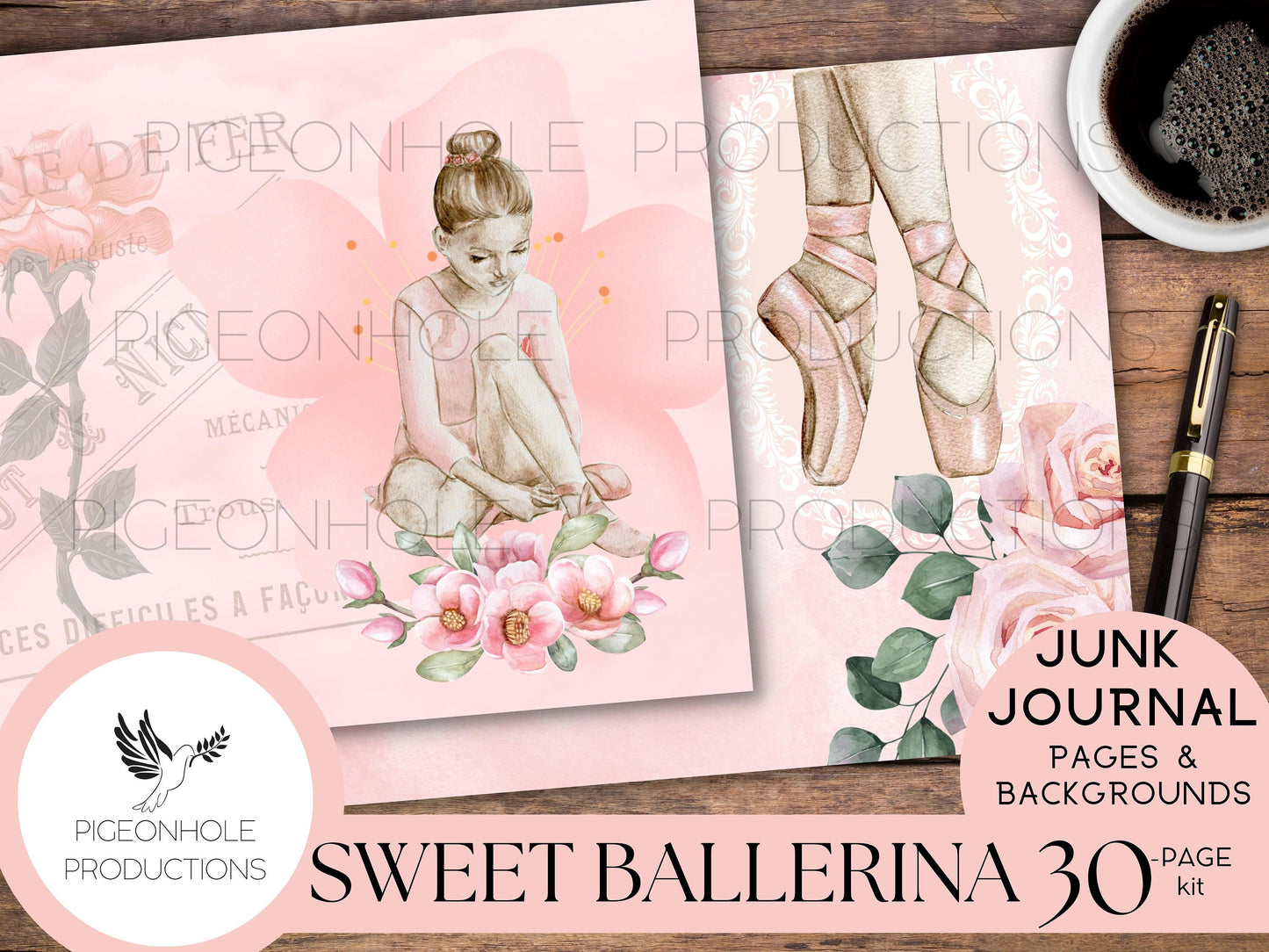 Sweet Ballerina Junk Journal Kit—PRINTABLE—30 journal pages, backgrounds—ephemera sold separately—sweet pink little ballerina journal pages