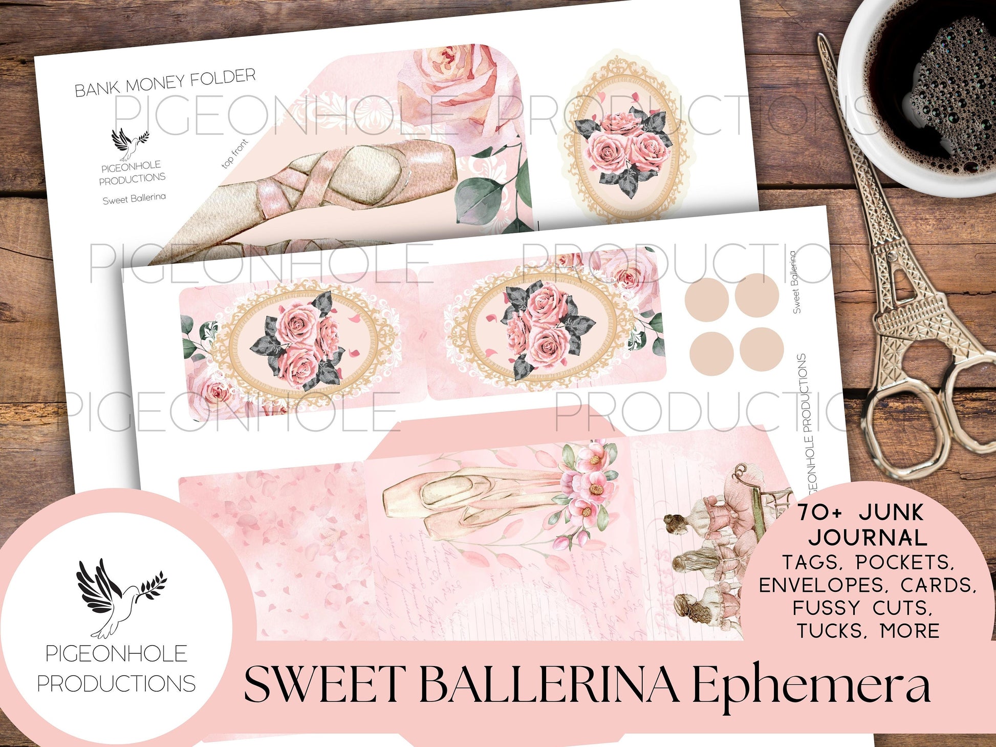 Sweet Ballerina Junk Journal EPHEMERA—PRINTABLE—70+ journal cards, tags, tucks, pockets, envelopes, tickets, more—page kit sold separately