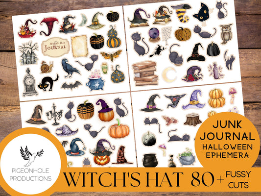 Witch's Hat Halloween FUSSY CUTS—PRINTABLE—80+ witch hats, cats, bats, owls, haunted mansions, ravens, spiders, pumpkins—for you to cut out