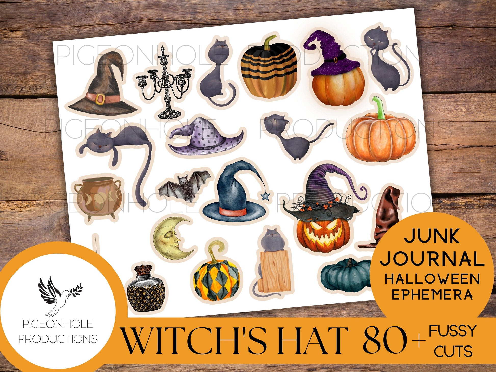 Witch's Hat Halloween FUSSY CUTS—PRINTABLE—80+ witch hats, cats, bats, owls, haunted mansions, ravens, spiders, pumpkins—for you to cut out