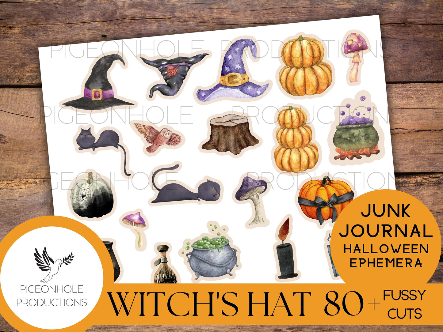 Witch's Hat Halloween FUSSY CUTS—PRINTABLE—80+ witch hats, cats, bats, owls, haunted mansions, ravens, spiders, pumpkins—for you to cut out