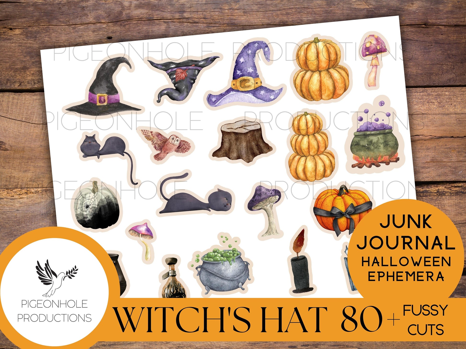 Witch's Hat Halloween FUSSY CUTS—PRINTABLE—80+ witch hats, cats, bats, owls, haunted mansions, ravens, spiders, pumpkins—for you to cut out