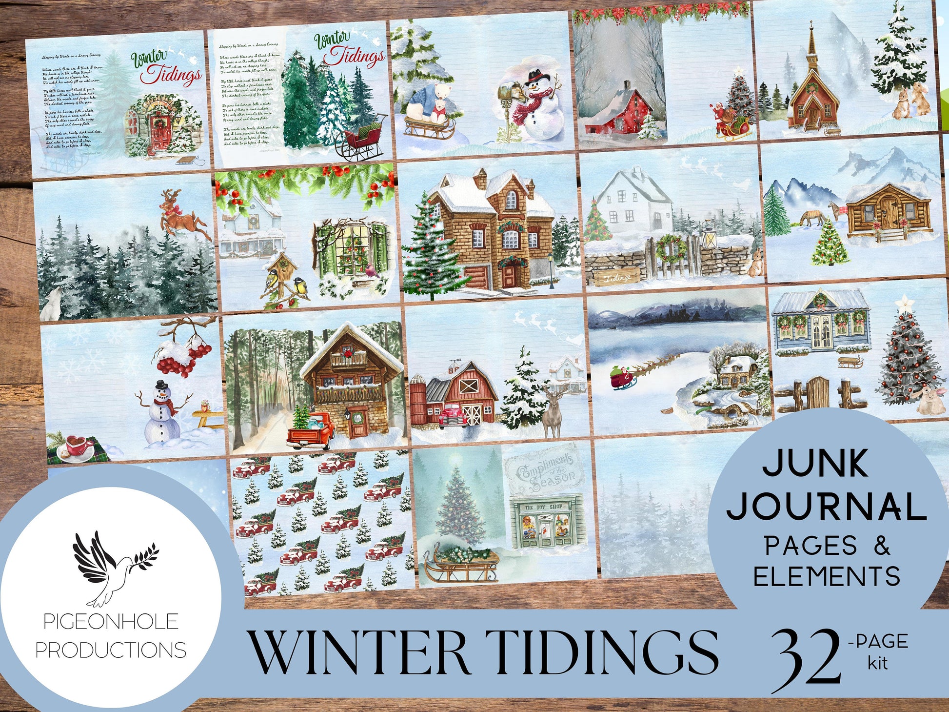 Winter Tidings Christmas Junk Journal Kit—PRINTABLE—32 pages, backgrounds, elements—a celebration of country homes at Christmas