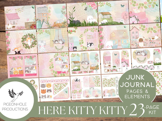 Here Kitty Kitty Junk Journal Kit, PRINTABLE— 21 pages, backgrounds, elements—sweet kittens doing what kittens do