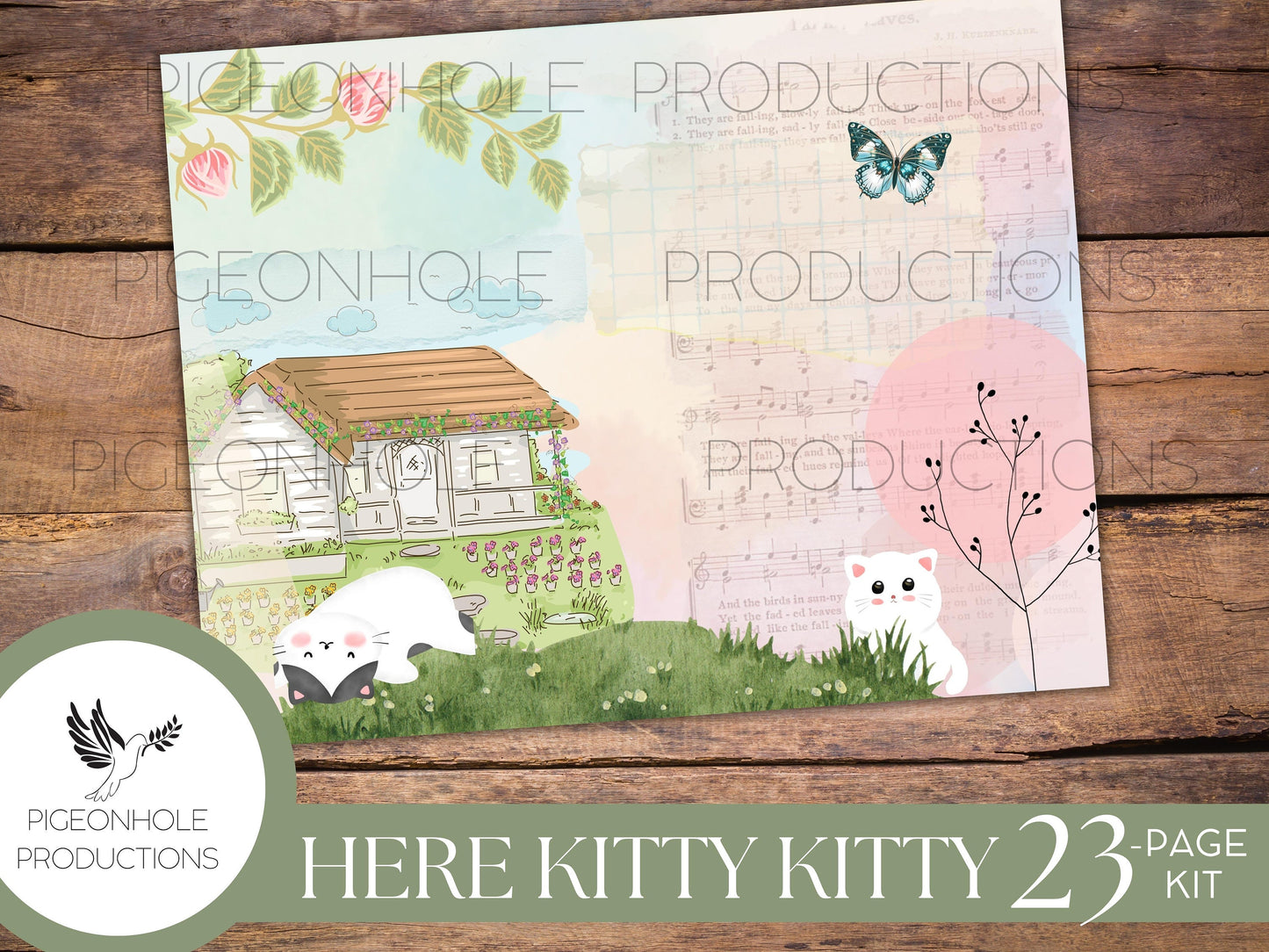Here Kitty Kitty Junk Journal Kit, PRINTABLE— 21 pages, backgrounds, elements—sweet kittens doing what kittens do