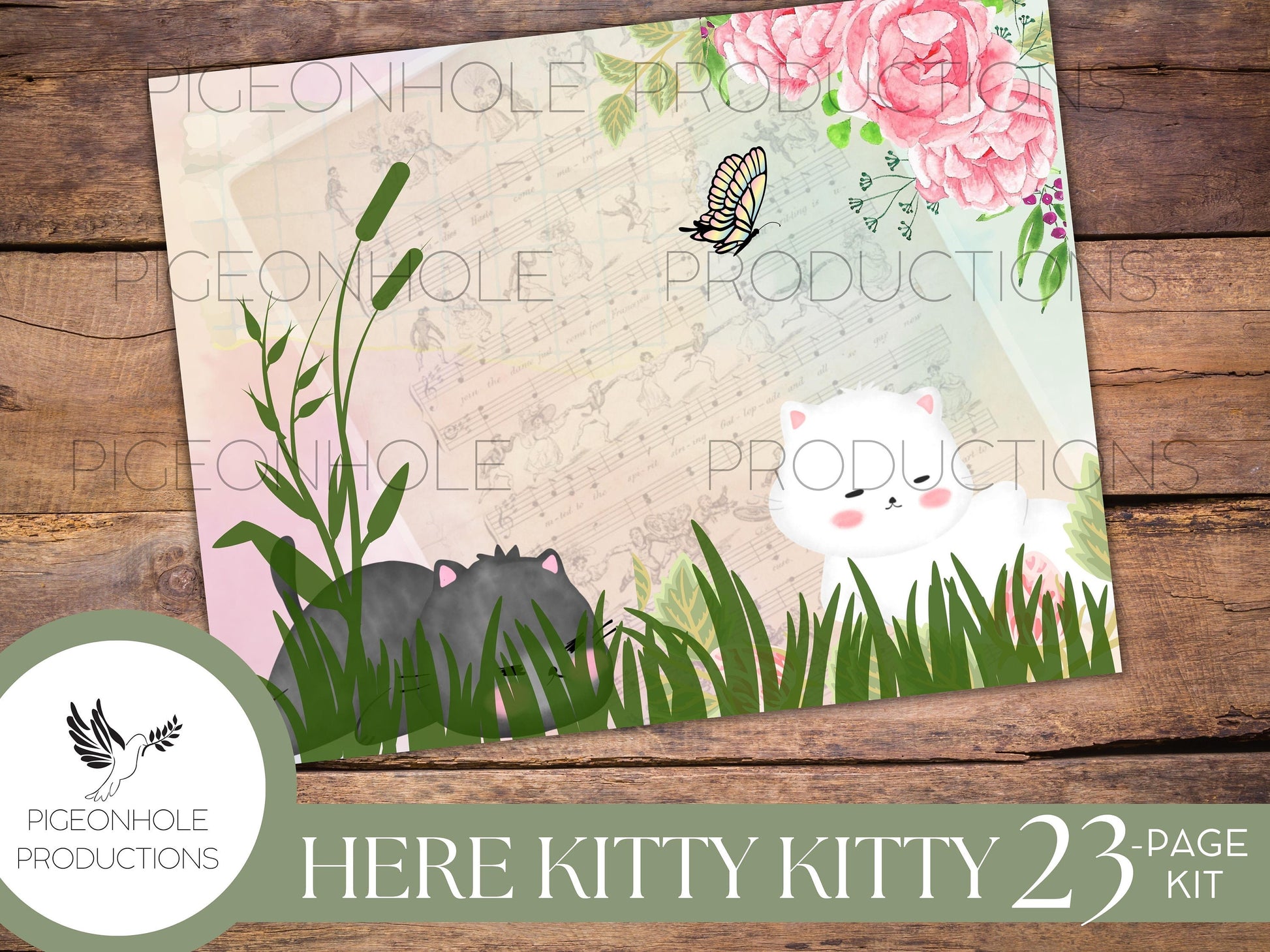 Here Kitty Kitty Junk Journal Kit, PRINTABLE— 21 pages, backgrounds, elements—sweet kittens doing what kittens do