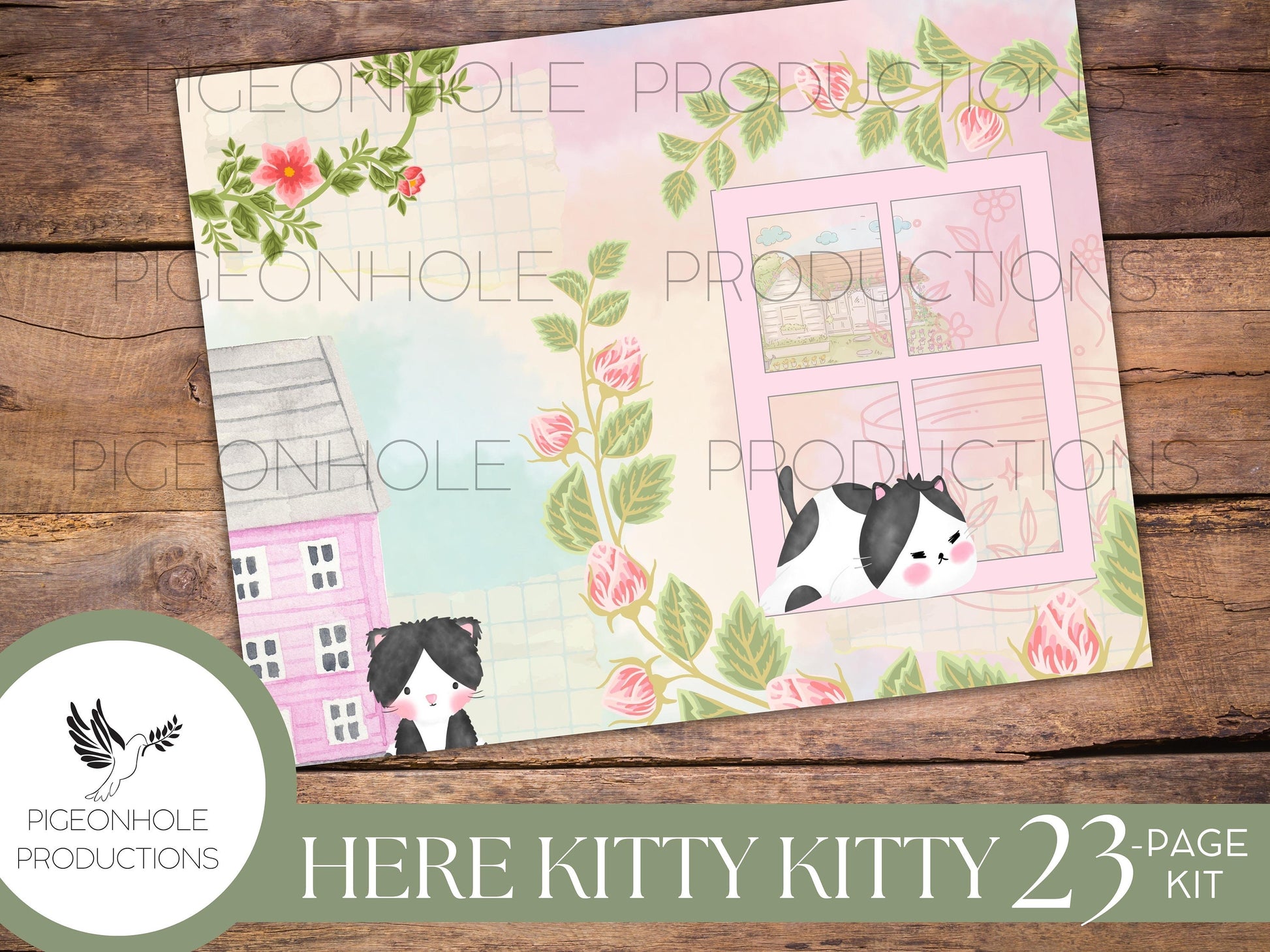 Here Kitty Kitty Junk Journal Kit, PRINTABLE— 21 pages, backgrounds, elements—sweet kittens doing what kittens do