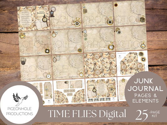 Time Flies Vintage Timepieces Junk Journal Kit—PRINTABLE—with uplifting quotes—25 pages, backgrounds, elements—70+ tags, pockets, more