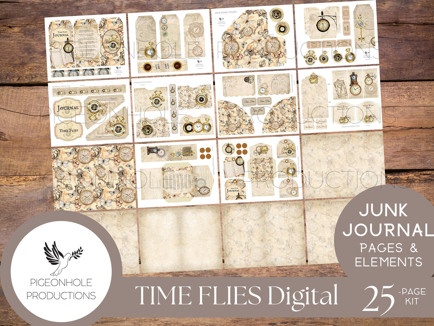 Time Flies Vintage Timepieces Junk Journal Kit—PRINTABLE—with uplifting quotes—25 pages, backgrounds, elements—70+ tags, pockets, more