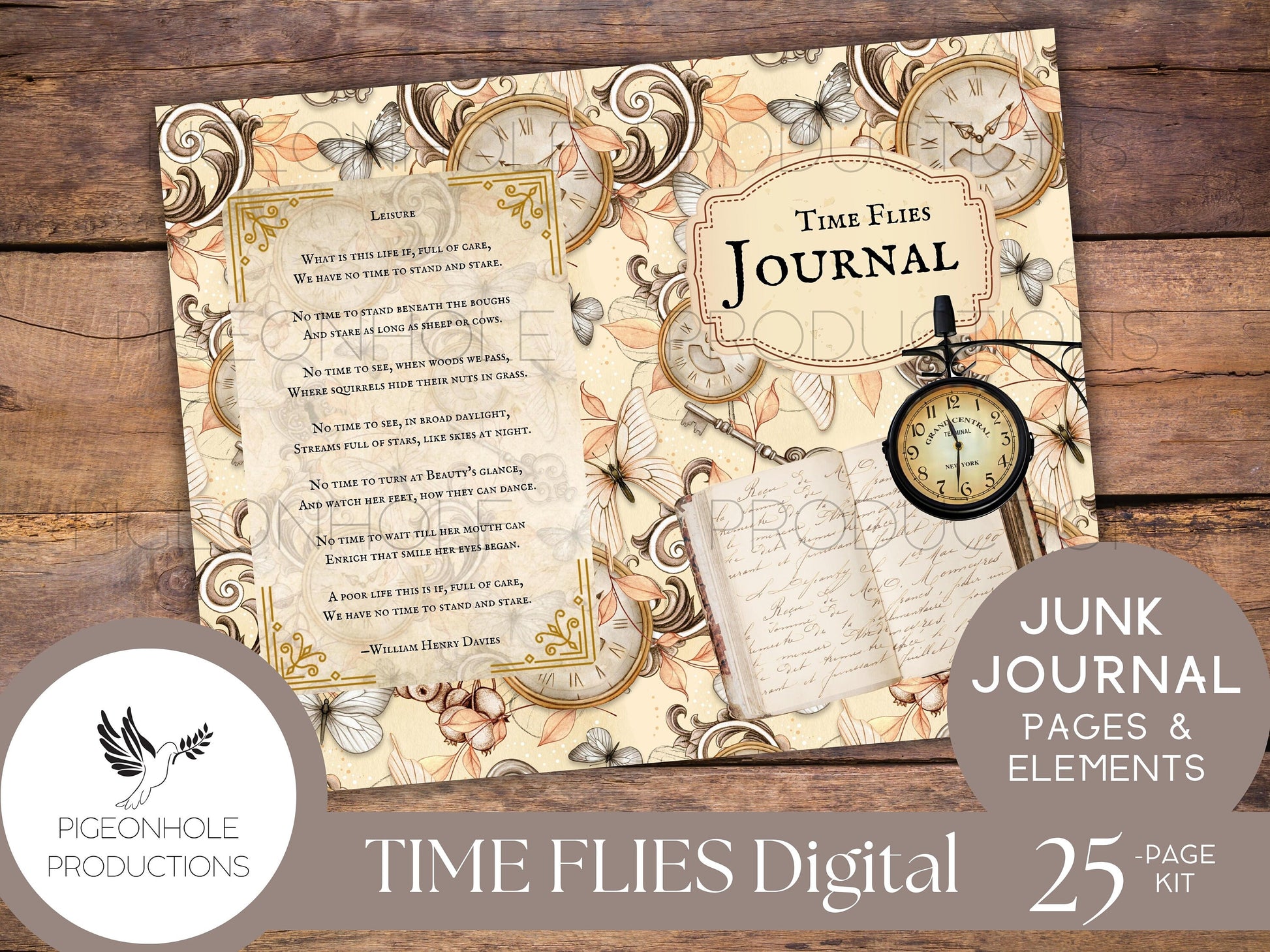 Time Flies Vintage Timepieces Junk Journal Kit—PRINTABLE—with uplifting quotes—25 pages, backgrounds, elements—70+ tags, pockets, more