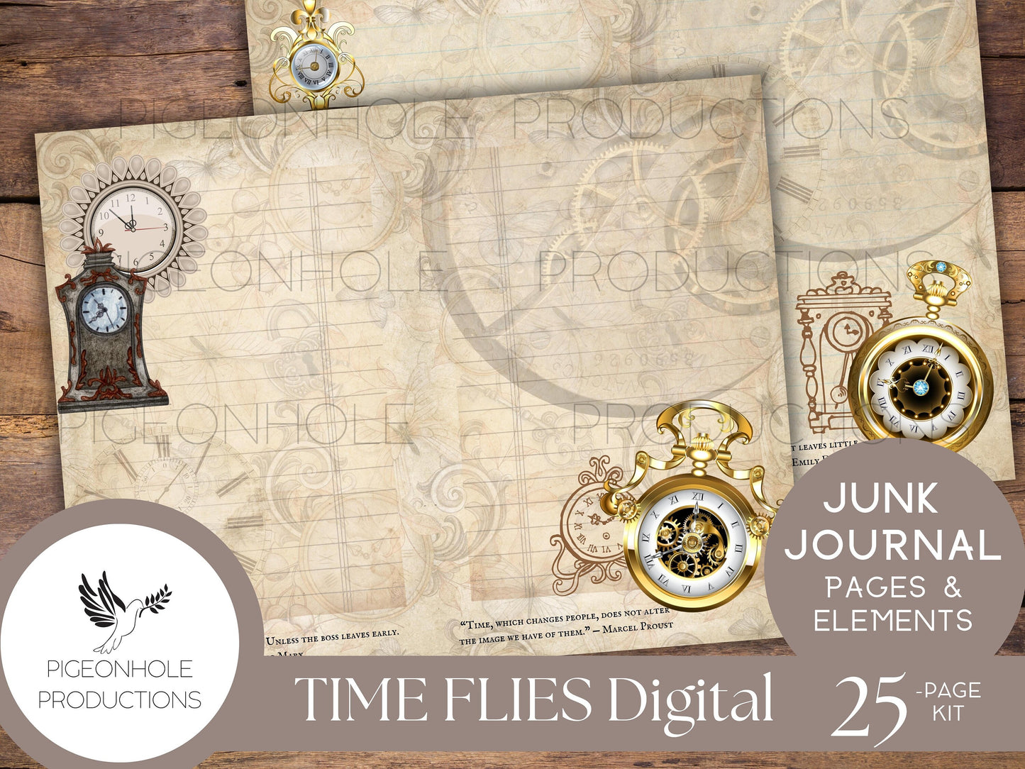 Time Flies Vintage Timepieces Junk Journal Kit—PRINTABLE—with uplifting quotes—25 pages, backgrounds, elements—70+ tags, pockets, more