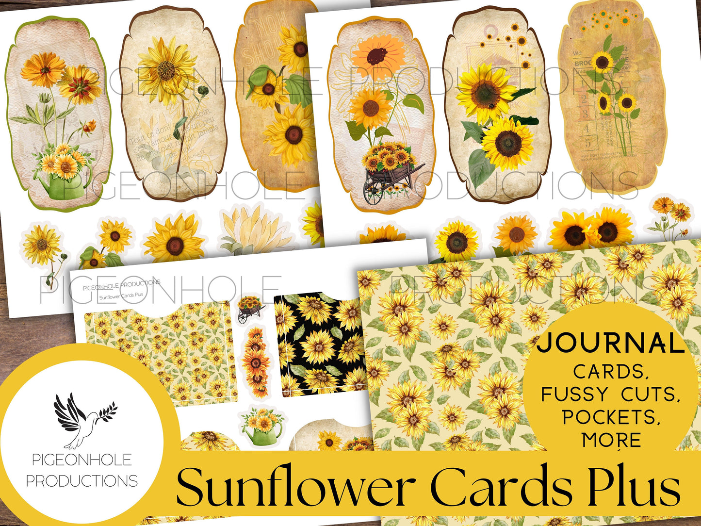 Sunflower Junk Journal Cards, Fussy Cuts, Pockets, Papers, PRINTABLE—unique journal cards—BONUS 5-Tuck Circle Pocket Template & Instructions