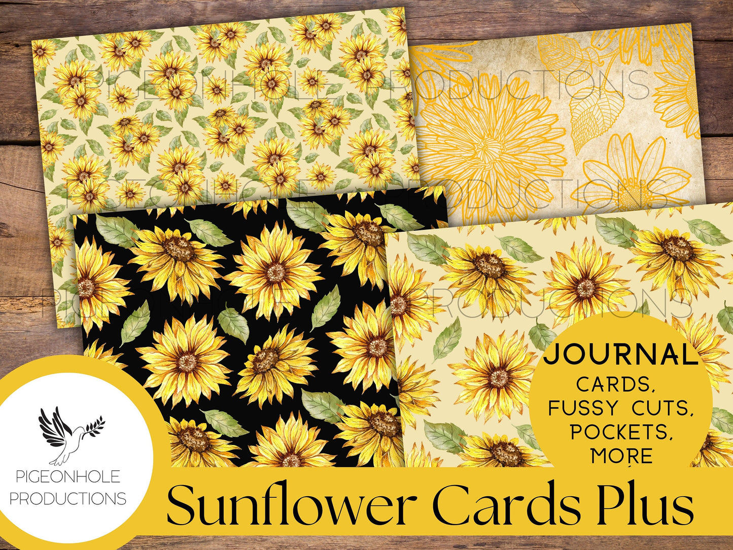 Sunflower Junk Journal Cards, Fussy Cuts, Pockets, Papers, PRINTABLE—unique journal cards—BONUS 5-Tuck Circle Pocket Template & Instructions