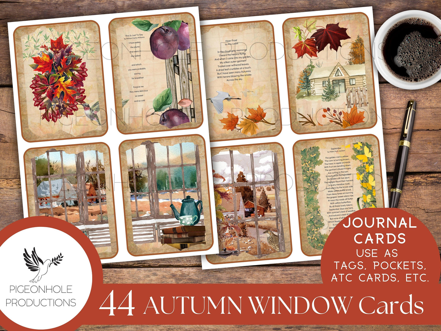 Autumn Window Junk Journal Cards with classical autumn poetry, PRINTABLE, 44 cards for journaling, ephemera, scrapbooking, decoupage, more!