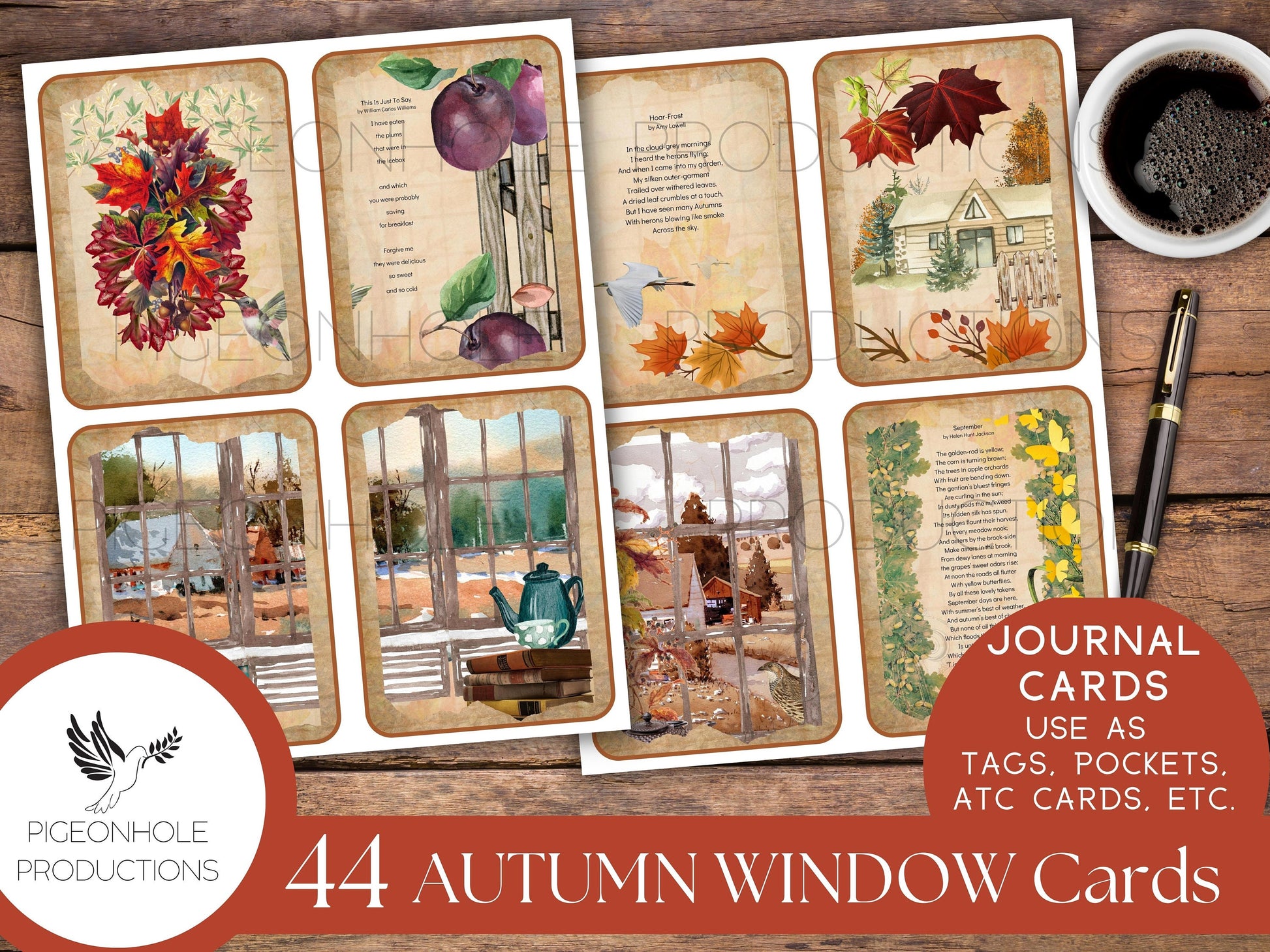 Autumn Window Junk Journal Cards with classical autumn poetry, PRINTABLE, 44 cards for journaling, ephemera, scrapbooking, decoupage, more!