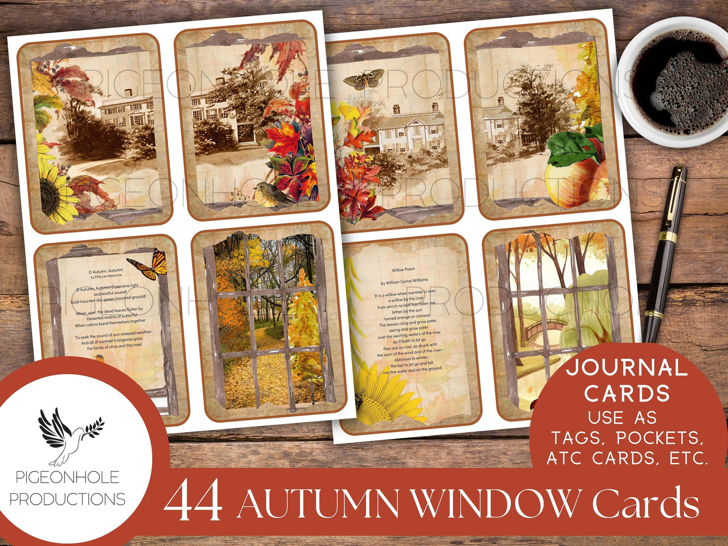 Autumn Window Junk Journal Cards with classical autumn poetry, PRINTABLE, 44 cards for journaling, ephemera, scrapbooking, decoupage, more!