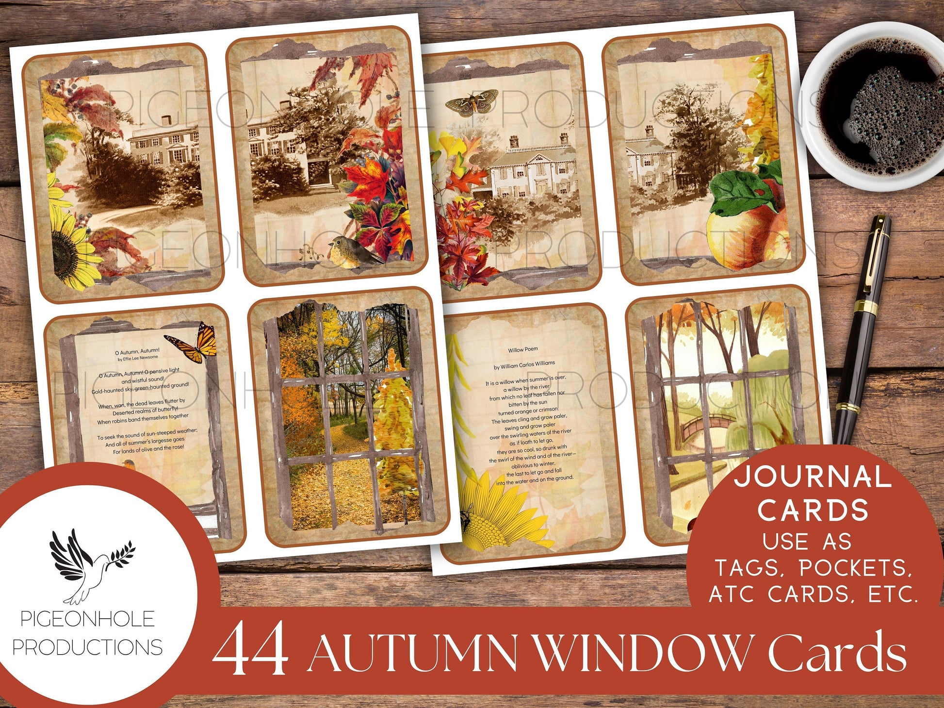 Autumn Window Junk Journal Cards with classical autumn poetry, PRINTABLE, 44 cards for journaling, ephemera, scrapbooking, decoupage, more!