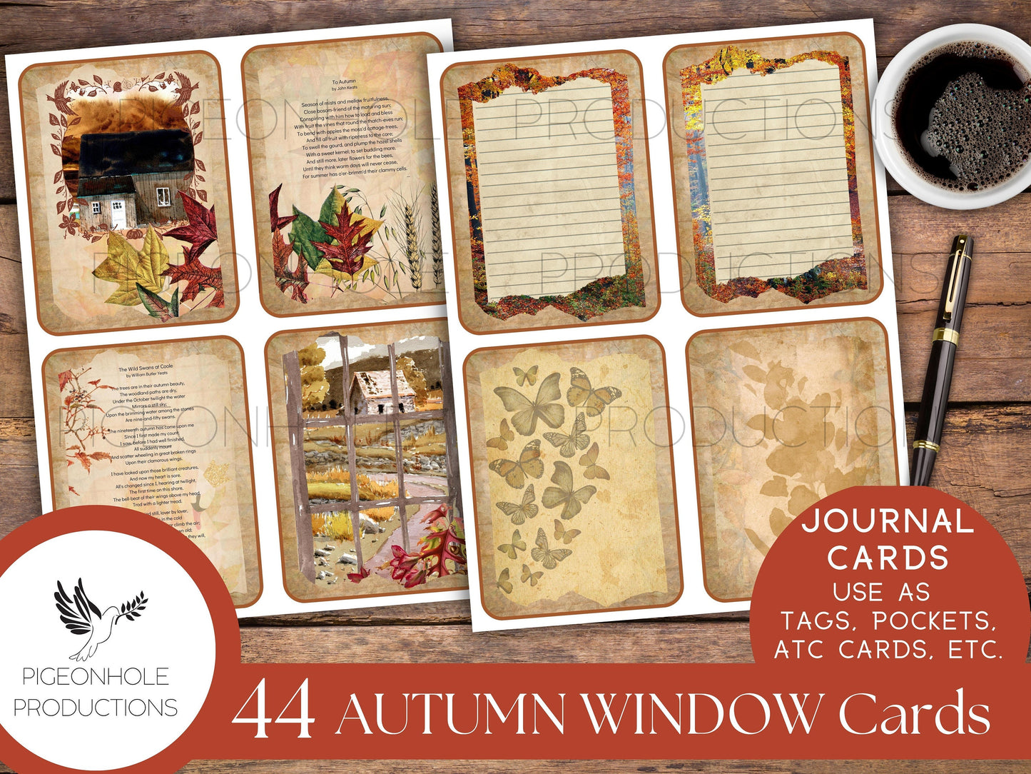 Autumn Window Junk Journal Cards with classical autumn poetry, PRINTABLE, 44 cards for journaling, ephemera, scrapbooking, decoupage, more!