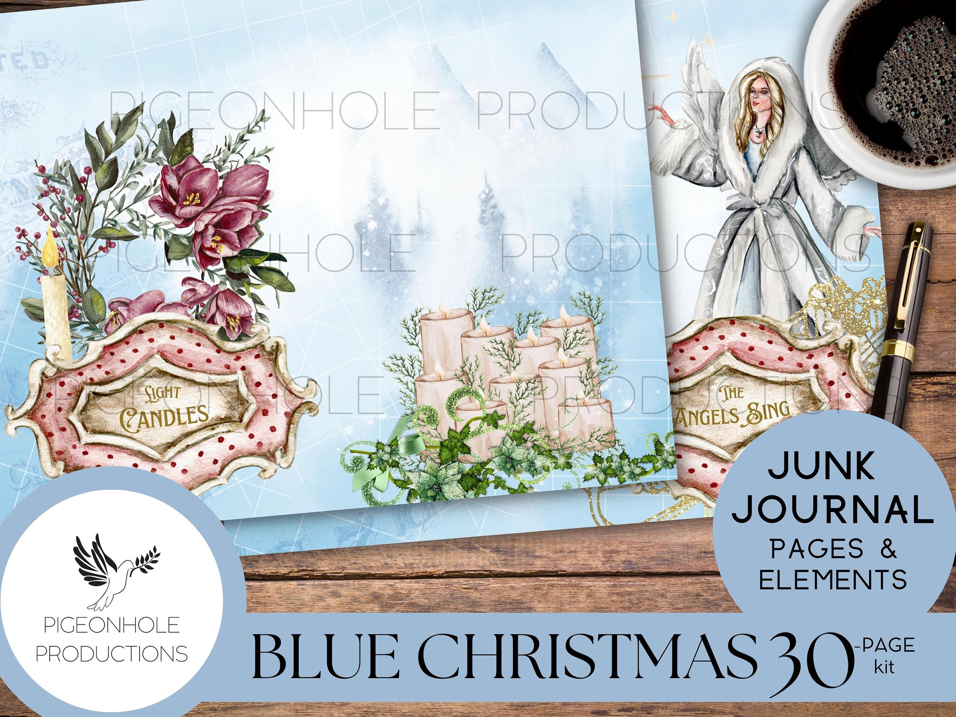 Blue Christmas Junk Journal Kit—PRINTABLE—30 journal pages, backgrounds and elements—70+ tags, tucks, pockets, envelopes, fussy cuts, more!