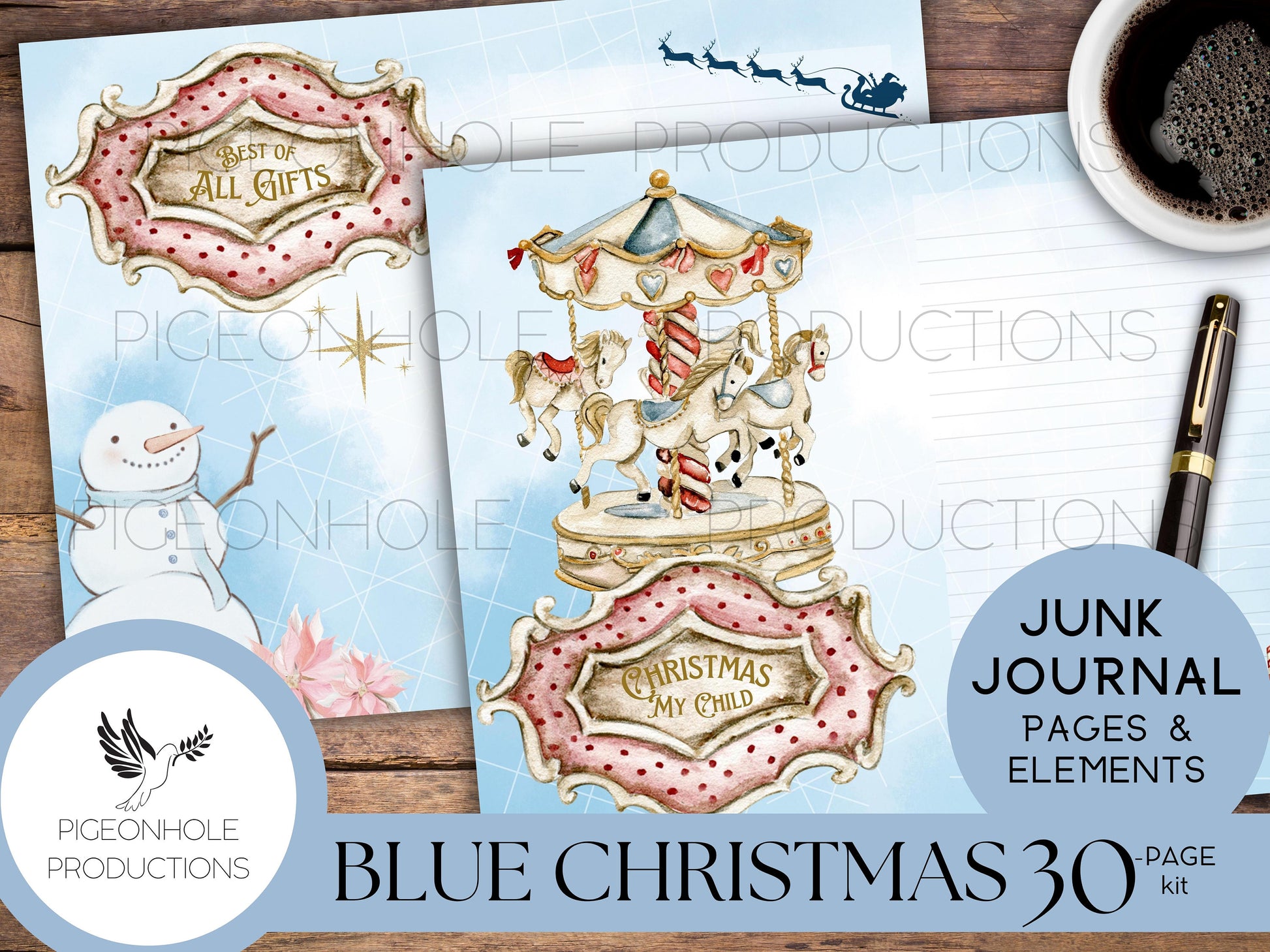 Blue Christmas Junk Journal Kit—PRINTABLE—30 journal pages, backgrounds and elements—70+ tags, tucks, pockets, envelopes, fussy cuts, more!