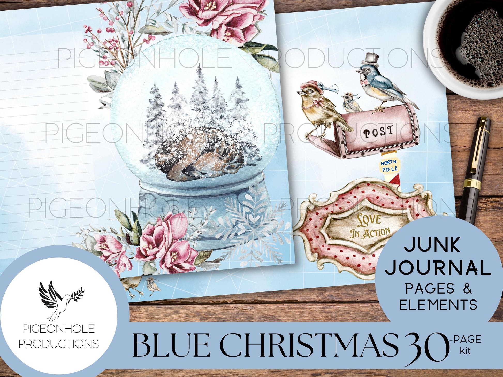 Blue Christmas Junk Journal Kit—PRINTABLE—30 journal pages, backgrounds and elements—70+ tags, tucks, pockets, envelopes, fussy cuts, more!