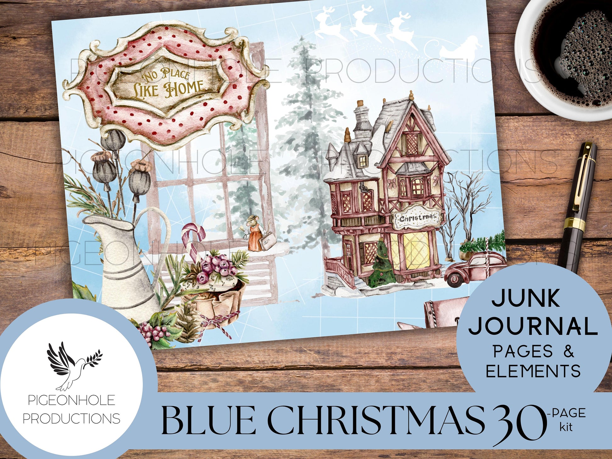 Blue Christmas Junk Journal Kit—PRINTABLE—30 journal pages, backgrounds and elements—70+ tags, tucks, pockets, envelopes, fussy cuts, more!