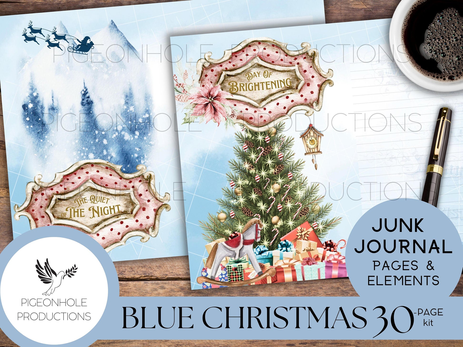 Blue Christmas Junk Journal Kit—PRINTABLE—30 journal pages, backgrounds and elements—70+ tags, tucks, pockets, envelopes, fussy cuts, more!