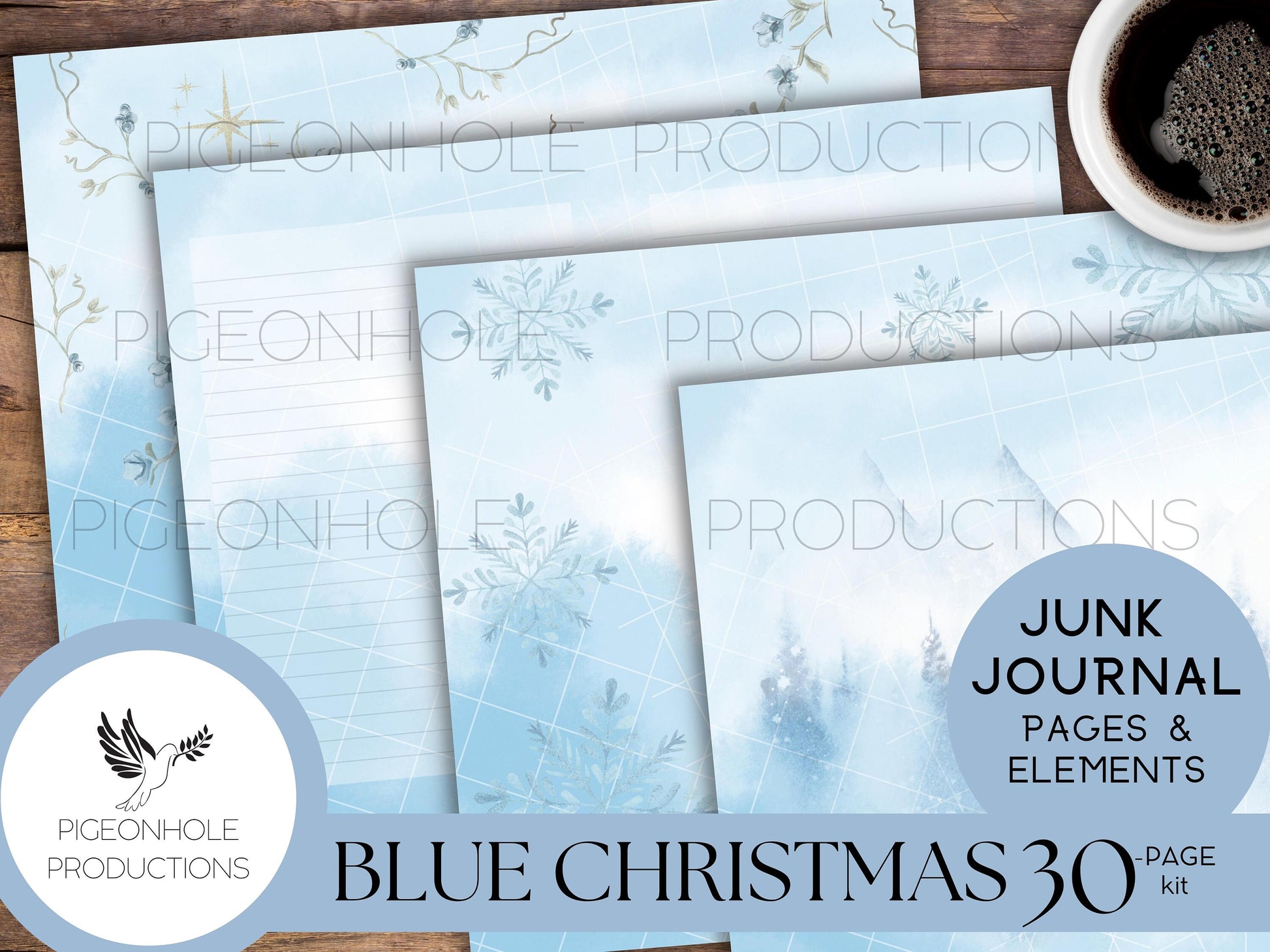 Blue Christmas Junk Journal Kit—PRINTABLE—30 journal pages, backgrounds and elements—70+ tags, tucks, pockets, envelopes, fussy cuts, more!