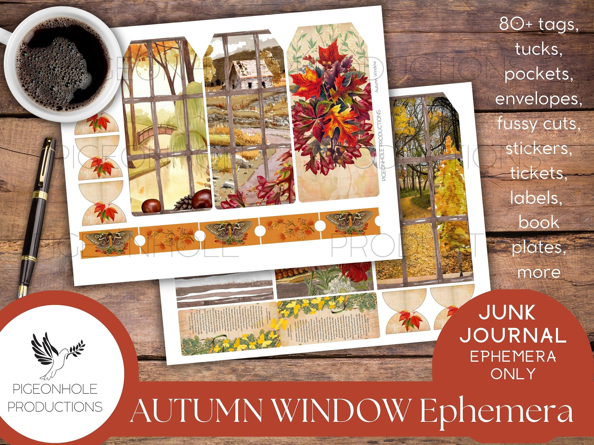 Autumn Window Junk Journal EPHEMERA, PRINTABLE, 80+ tags, tucks, pockets, envelopes, fussy cuts, stickers, tickets, labels, bookplates, more