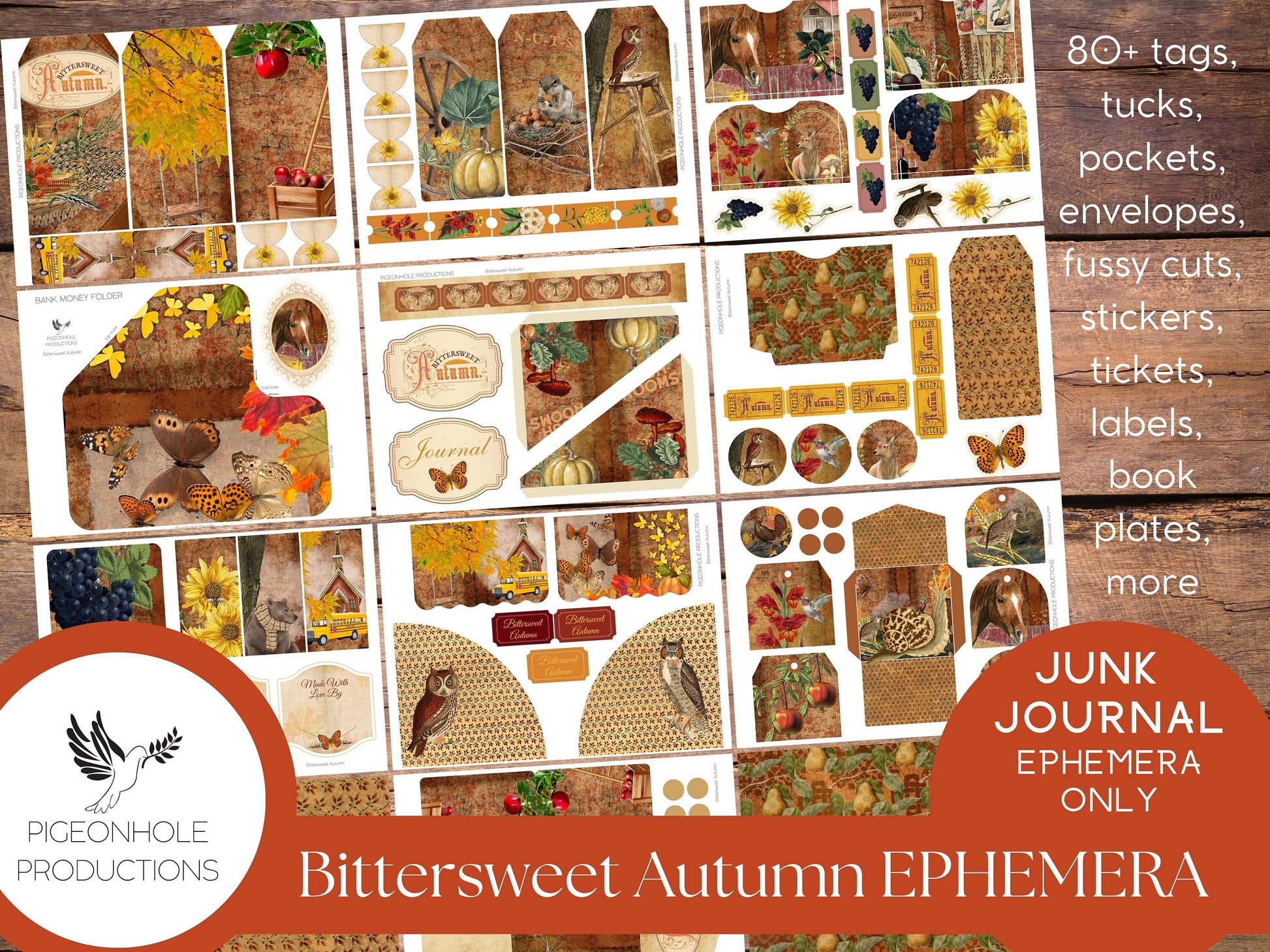 Bittersweet Autumn Junk Journal EPHEMERA, PRINTABLE, 80+ tags, tucks, pockets, envelopes, fussy cuts, stickers, tickets, labels, bookplates