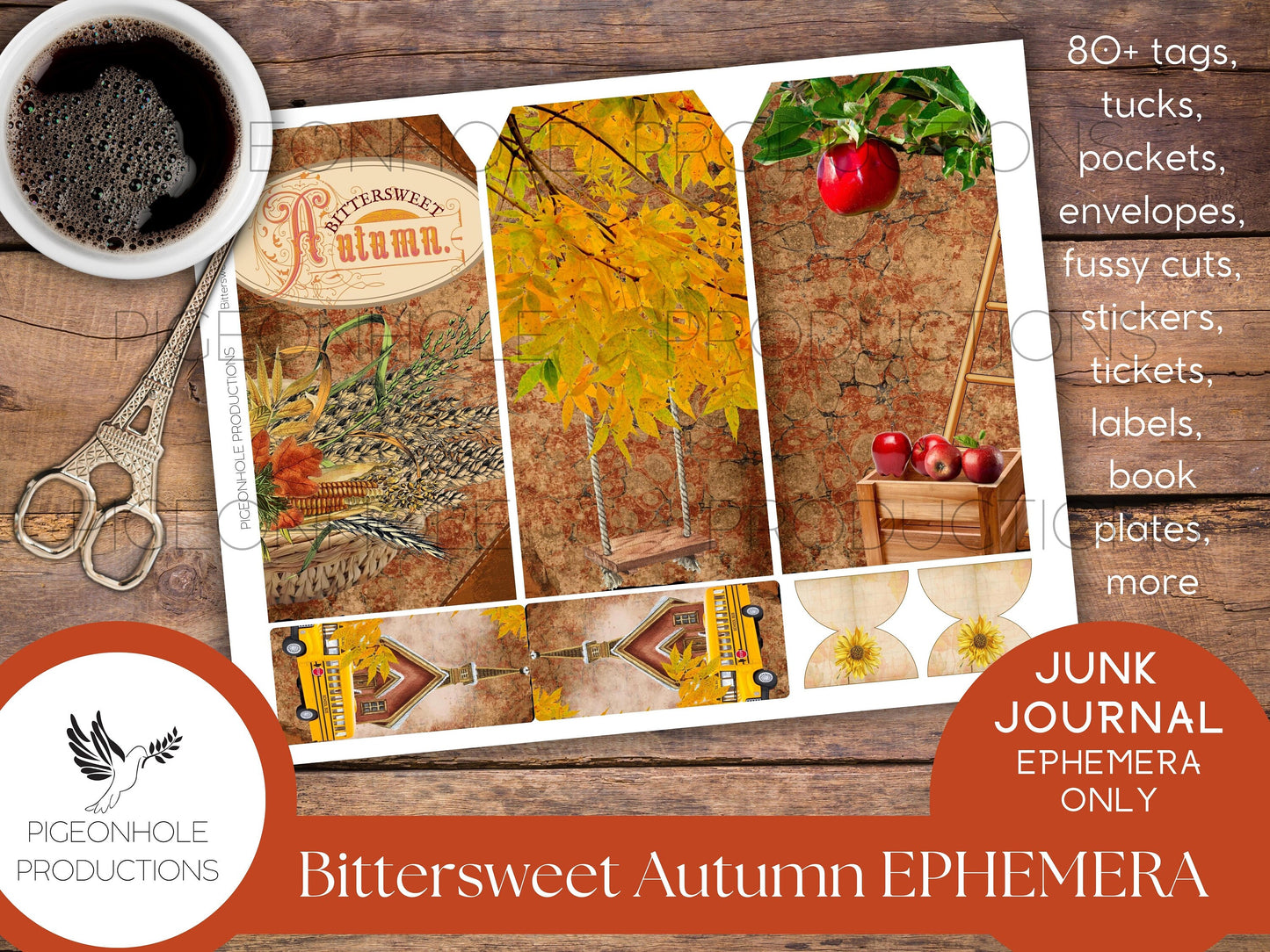 Bittersweet Autumn Junk Journal EPHEMERA, PRINTABLE, 80+ tags, tucks, pockets, envelopes, fussy cuts, stickers, tickets, labels, bookplates