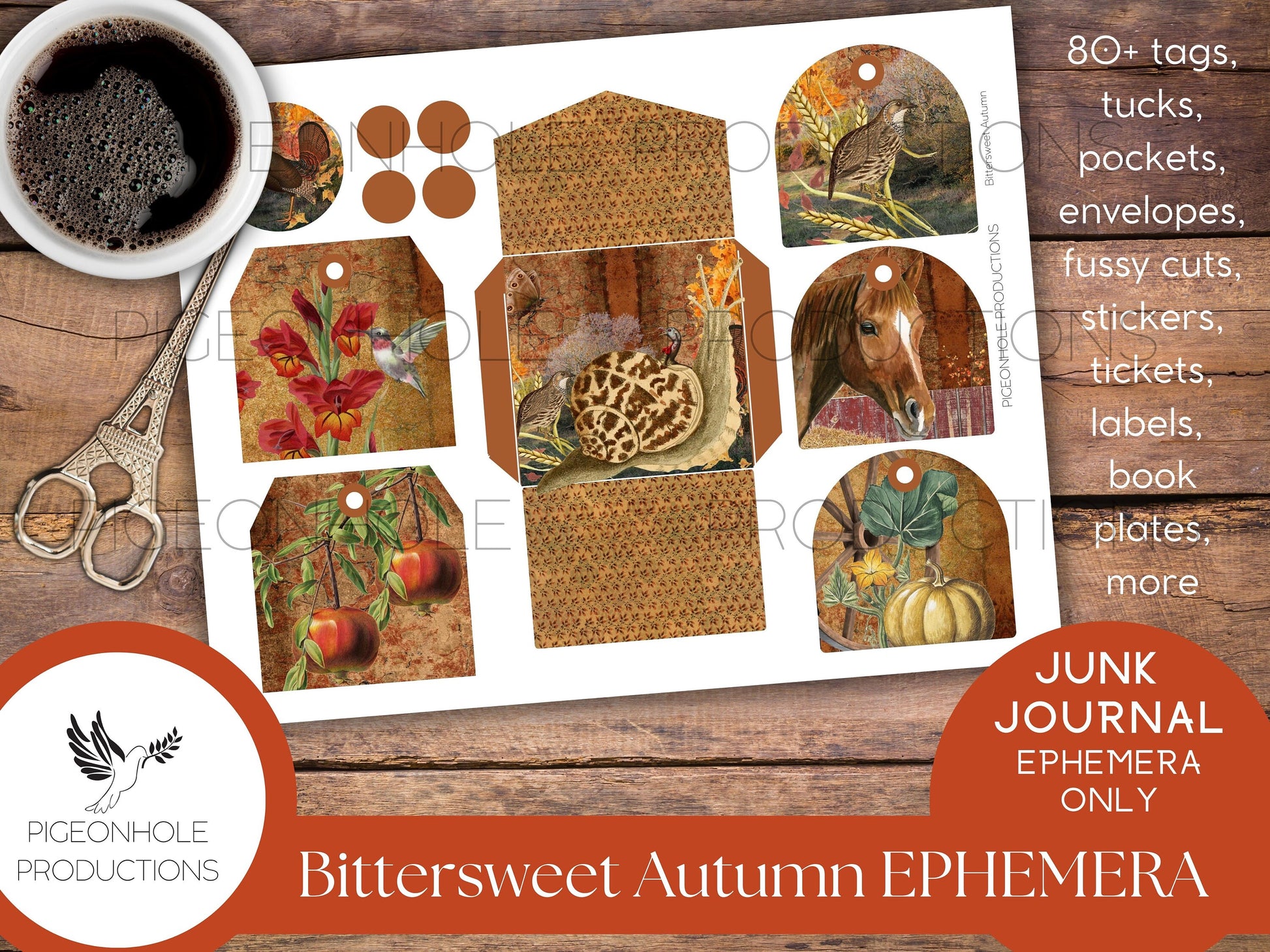 Bittersweet Autumn Junk Journal EPHEMERA, PRINTABLE, 80+ tags, tucks, pockets, envelopes, fussy cuts, stickers, tickets, labels, bookplates