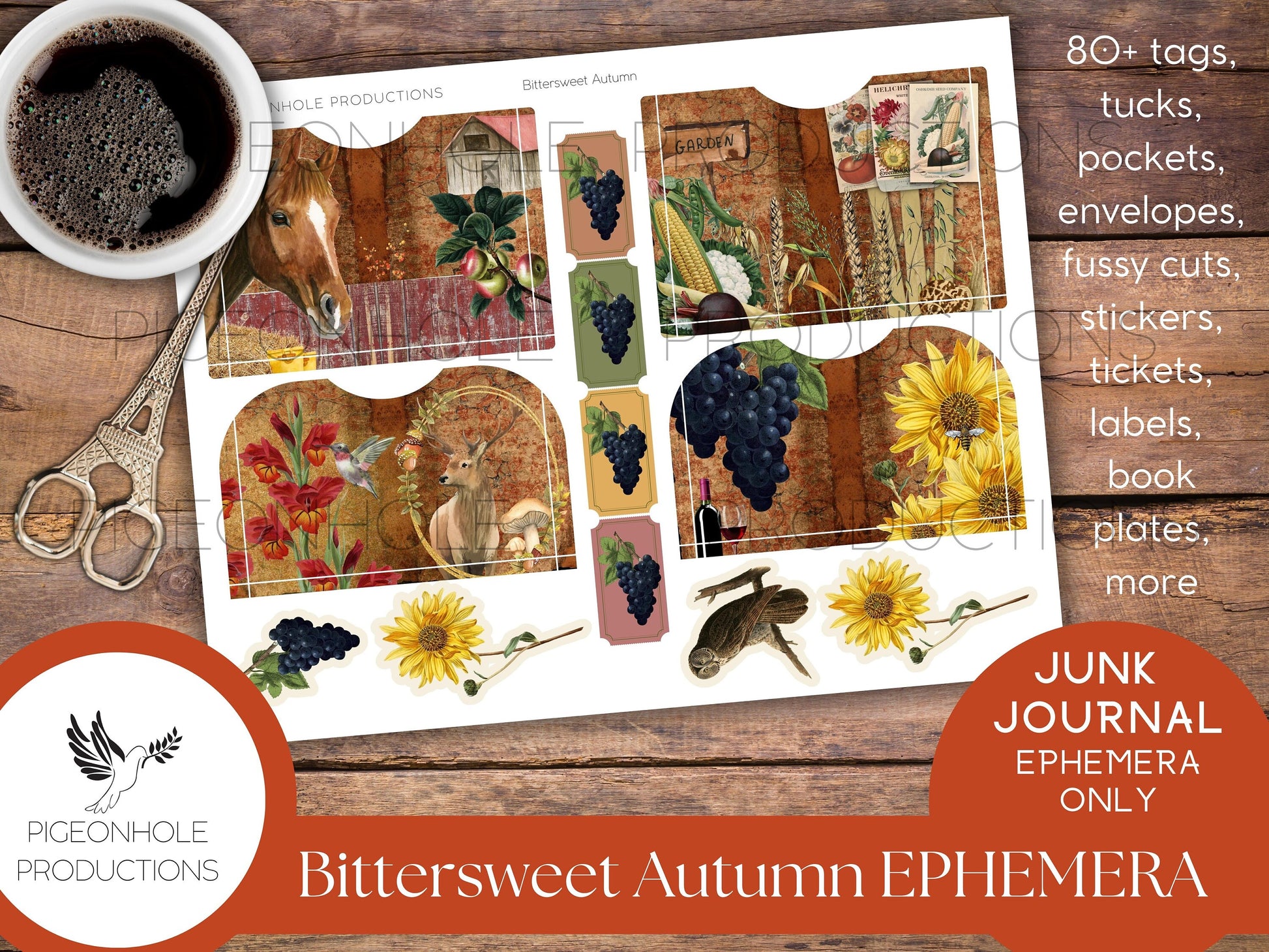 Bittersweet Autumn Junk Journal EPHEMERA, PRINTABLE, 80+ tags, tucks, pockets, envelopes, fussy cuts, stickers, tickets, labels, bookplates