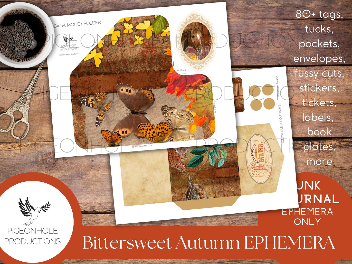 Bittersweet Autumn Junk Journal EPHEMERA, PRINTABLE, 80+ tags, tucks, pockets, envelopes, fussy cuts, stickers, tickets, labels, bookplates