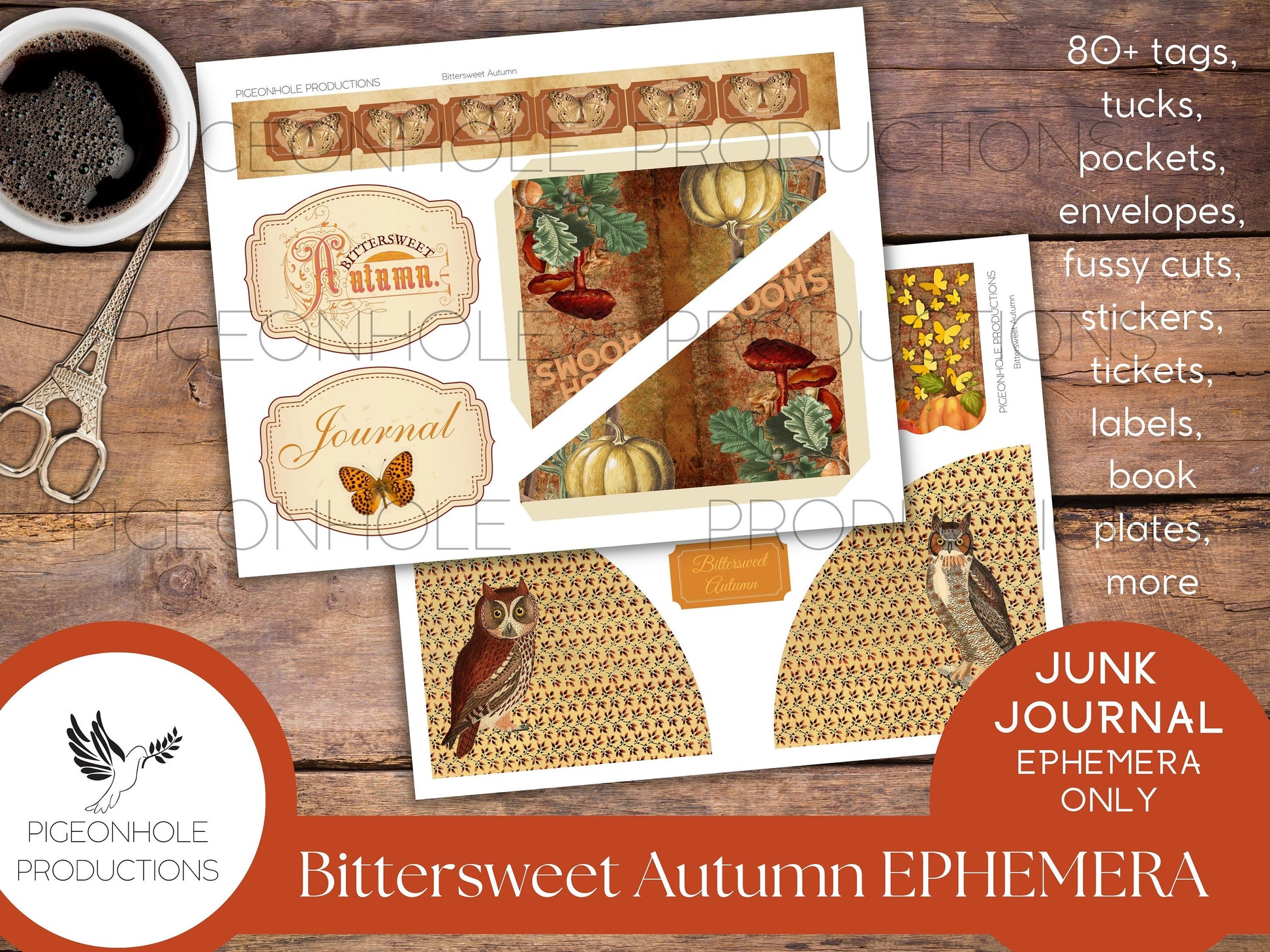 Bittersweet Autumn Junk Journal EPHEMERA, PRINTABLE, 80+ tags, tucks, pockets, envelopes, fussy cuts, stickers, tickets, labels, bookplates