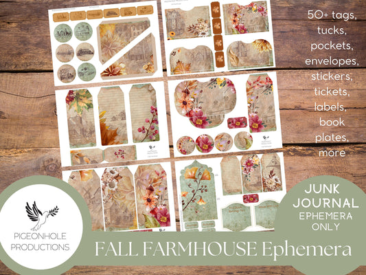 Fall Farmhouse Junk Journal EPHEMERA—PRINTABLE—50+ tags, tucks, pockets, envelopes, stickers, tickets, labels, book plates, more