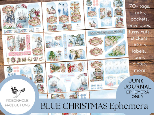 Blue Christmas Junk Journal EPHEMERA—PRINTABLE—70+ tags, tucks, pockets, envelopes, fussy cuts, stickers, tickets, labels, book plates, more
