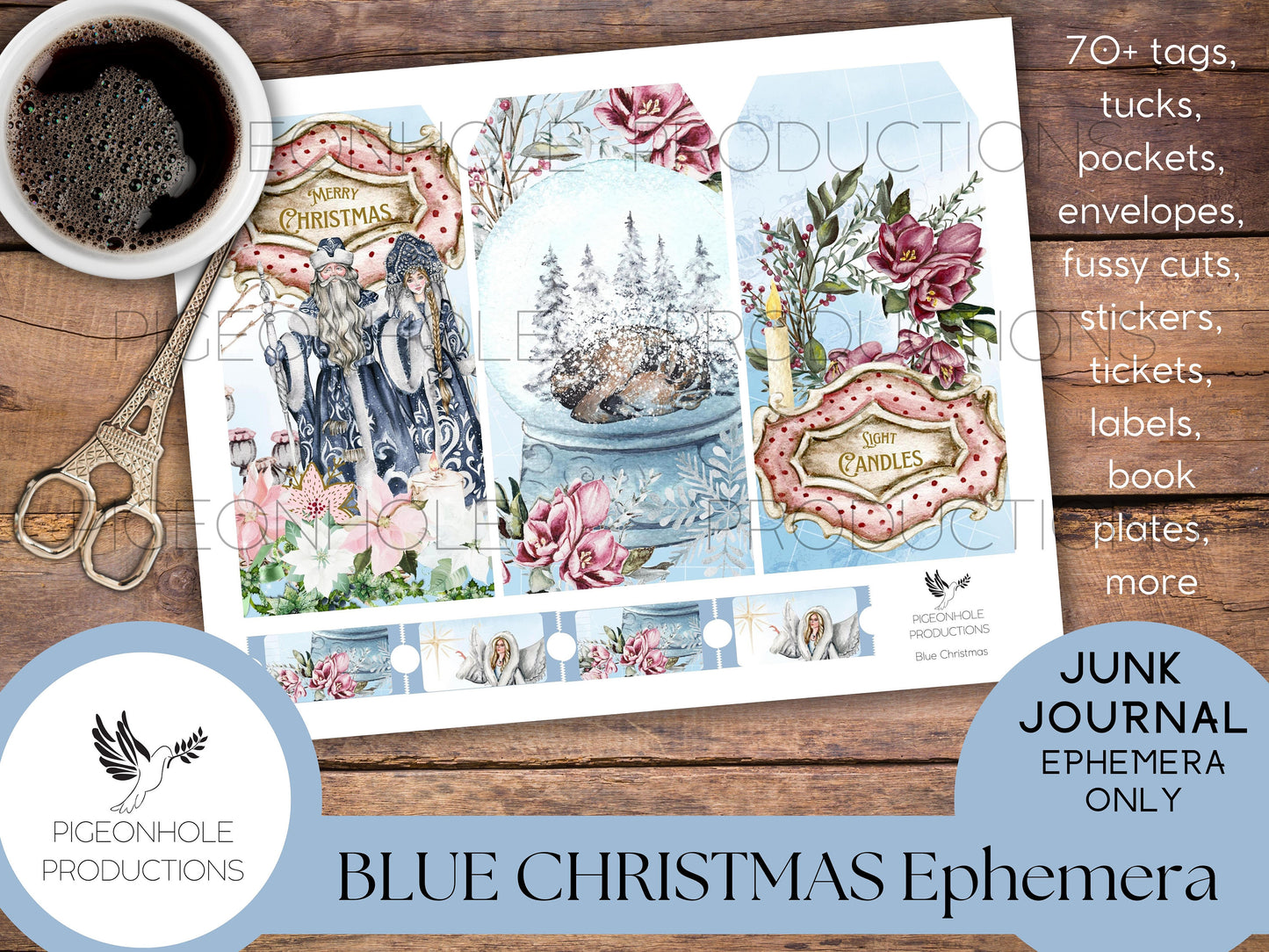 Blue Christmas Junk Journal EPHEMERA—PRINTABLE—70+ tags, tucks, pockets, envelopes, fussy cuts, stickers, tickets, labels, book plates, more