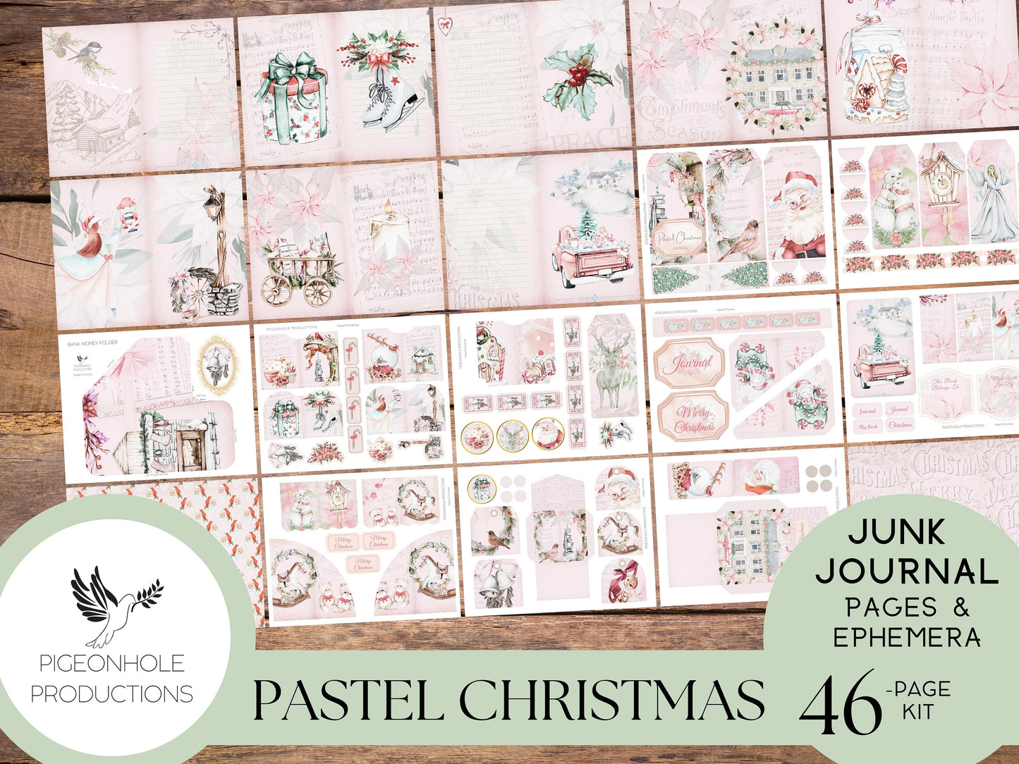 Pastel Christmas Junk Journal Kit—PRINTABLE—46 pages plus ephemera—70+ tags, tucks, pockets, fussy cuts, envelopes, tickets, more—pink!