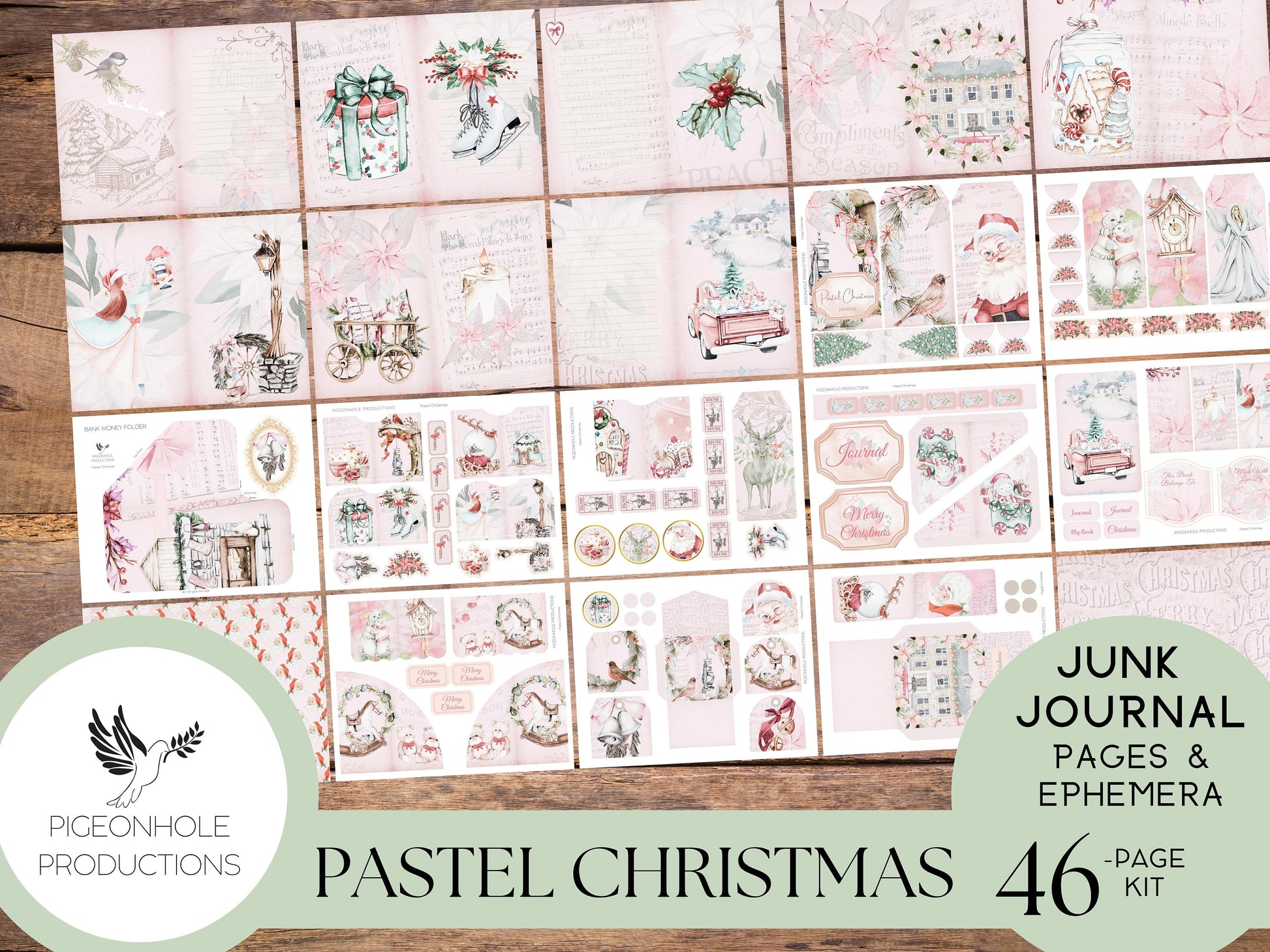 Pastel Christmas Junk Journal Kit—PRINTABLE—46 pages plus ephemera—70+ tags, tucks, pockets, fussy cuts, envelopes, tickets, more—pink!