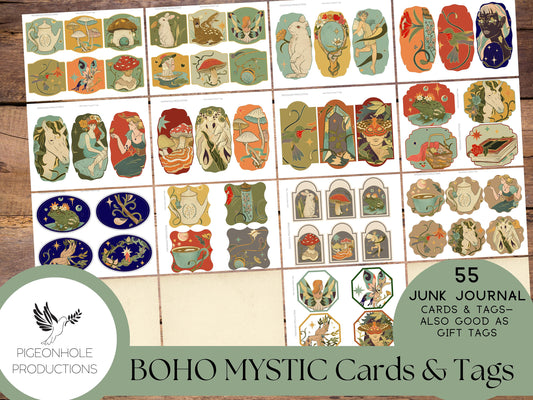 Boho Mystic Junk Journal Cards and Tags—PRINTABLE—unique journal cards—55 cards in a variety of pretty shapes—beautiful colors, fairies