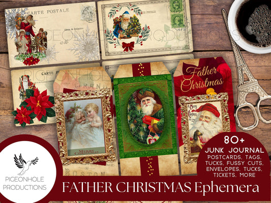 Father Christmas Junk Journal Ephemera—PRINTABLE—80+ postcards, tags, tucks, pockets, envelopes, fussy cuts, tuckets, more!