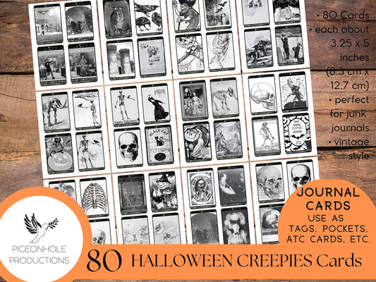 80 Halloween Creepies Journal Cards, PRINTABLE, nothing sweet, just spooky & creepy, for junk journal cards, tags, pockets, other ephemera