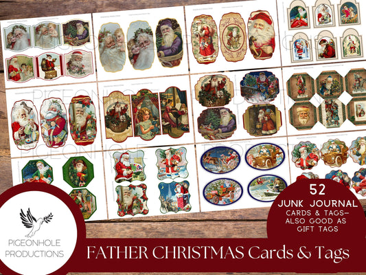 Father Christmas Junk Journal Cards & Gift Tags—PRINTABLE—52 journal cards—print reduced size for gift tags—Father Christmas
