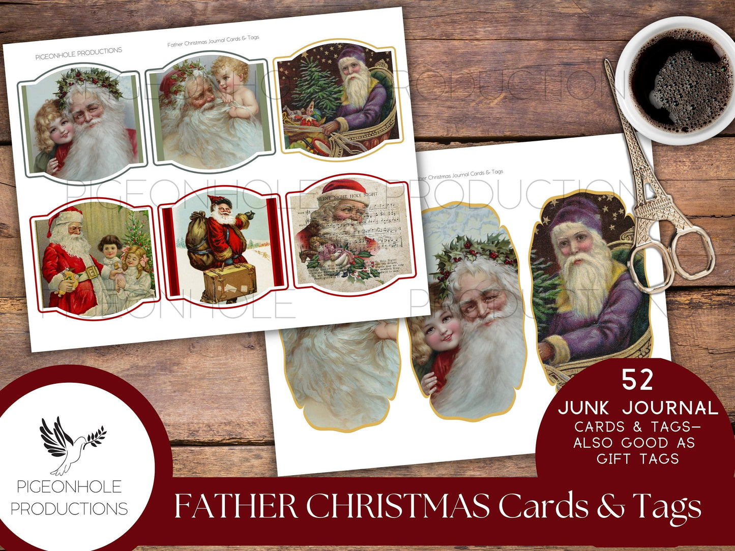 Father Christmas Junk Journal Cards & Gift Tags—PRINTABLE—52 journal cards—print reduced size for gift tags—Father Christmas