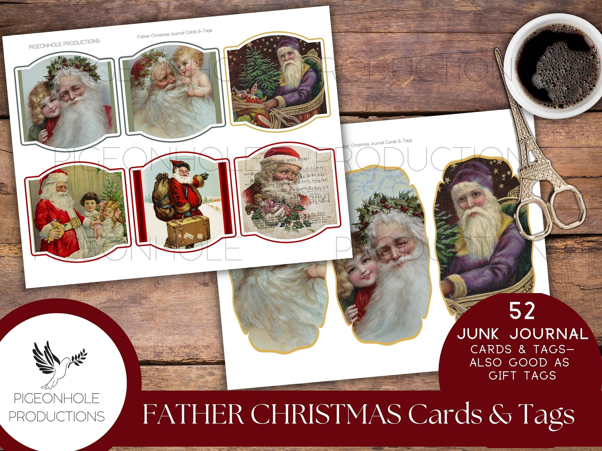 Father Christmas Junk Journal Cards & Gift Tags—PRINTABLE—52 journal cards—print reduced size for gift tags—Father Christmas